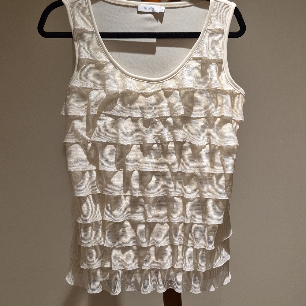 RICKI'S sleeves top, blouse, tiered fringes, boho, cream, lacey, large.